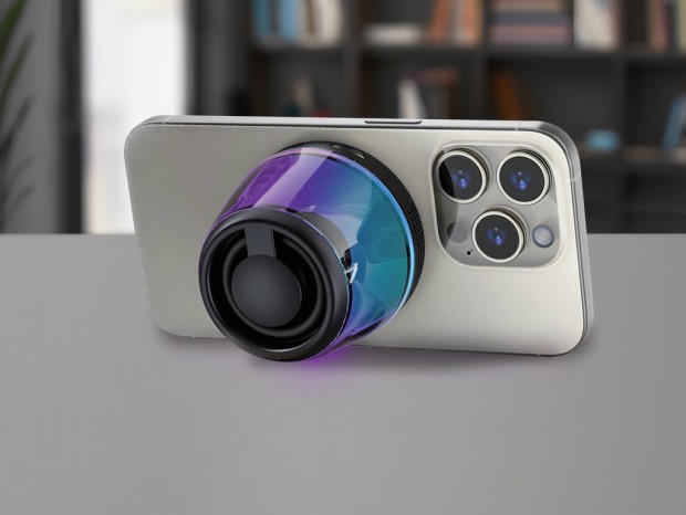 ゲオ、マグネットでスマホに貼り付く小型Bluetoothスピーカー