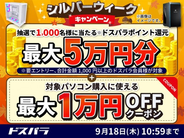 最大50,000円分のポイントが還元される「ドスパラシルバーウィークキャンペーン」
