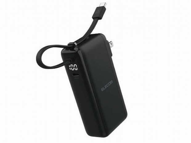 エレコム、AC充電器とType-Cケーブルが一体化したモバイルバッテリ「DE-AC15-10000」シリーズ
