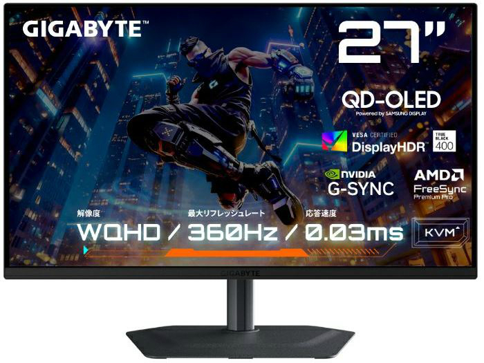 ClearMR 18000認証取得の27型QD-OLEDゲーミングディスプレイ、GIGABYTE