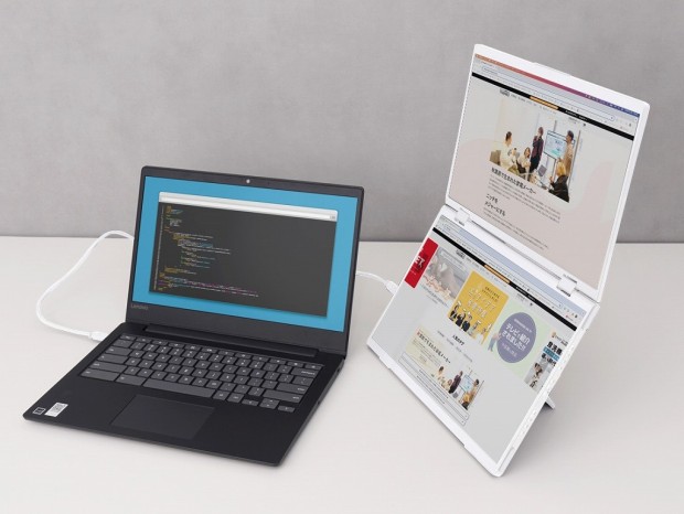 サンコー、上下に14型WUXGA画面×2を搭載するポータブル液晶に新色ホワイト