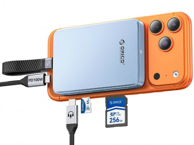 iPhone背面に貼り付くSSDケース一体型ハブ、ORICOから 100W給電やProRes録画対応
