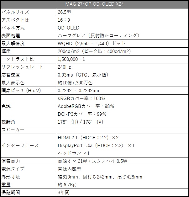 MSI「MAG 274QP QD-OLED X24」レビュー