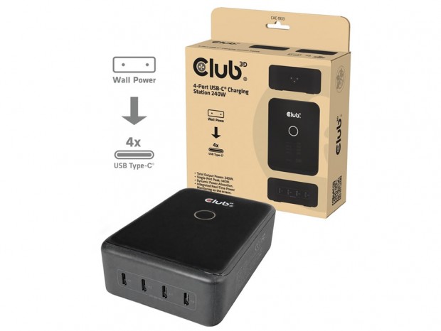 Club 3D、LEDディスプレイ搭載で合計240W出力対応のUSB-C充電ステーション
