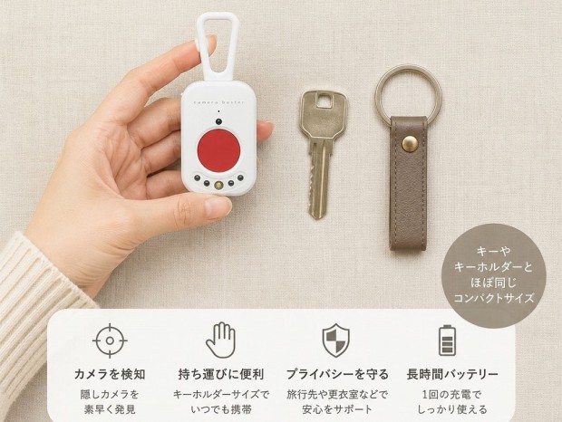 赤外線とレンズ反射を検知して隠しカメラを見つける「カメラバスター」がエアリアから