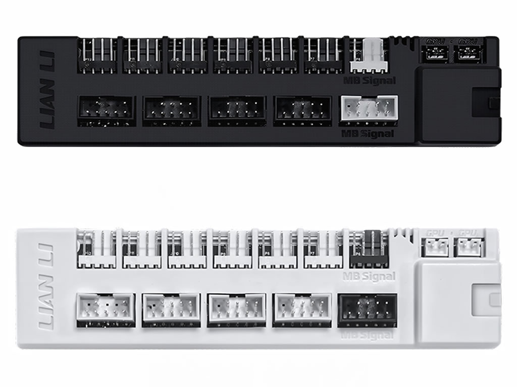 LIAN LI EDGE Hub ADVの本体。上がブラック、下がホワイトモデルで、側面にGPU1・GPU2の温度センサー用ポートとMB Signal端子が並ぶ